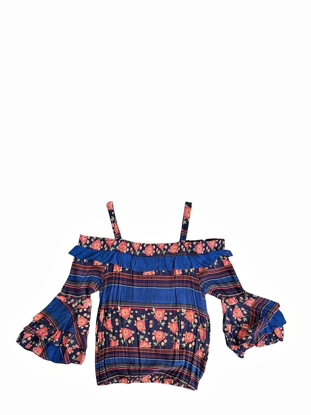 Democracy Floral Off-Shoulder Blouse in Blue & Red Size Large Like New